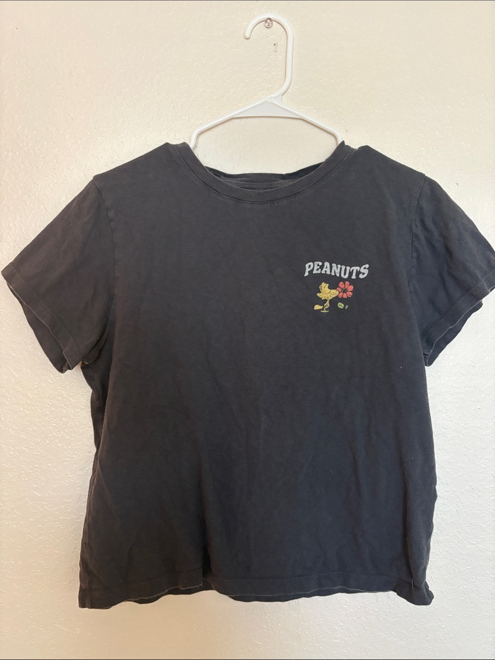 Peanuts Black Tee with Woodstock & Flower Graphic